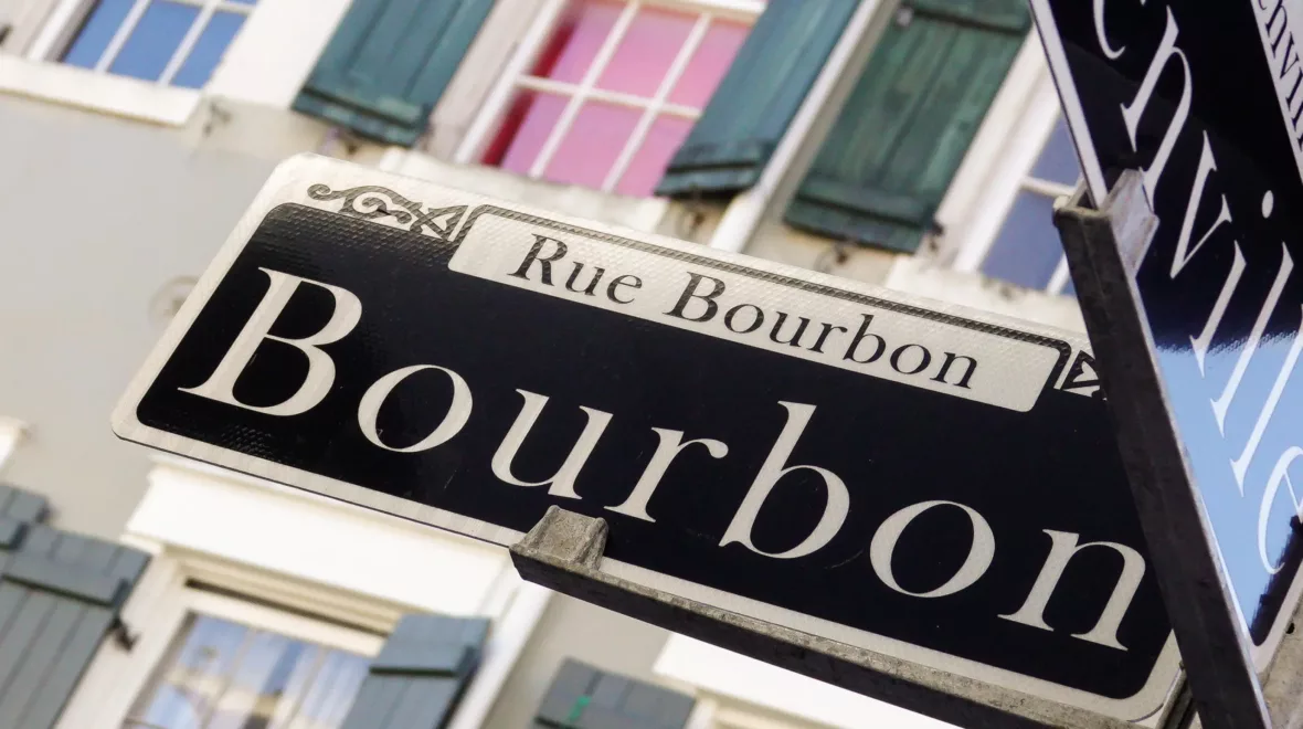 R56M3A Bourbon Street signage in New Orleans, Louisiana French Quarter