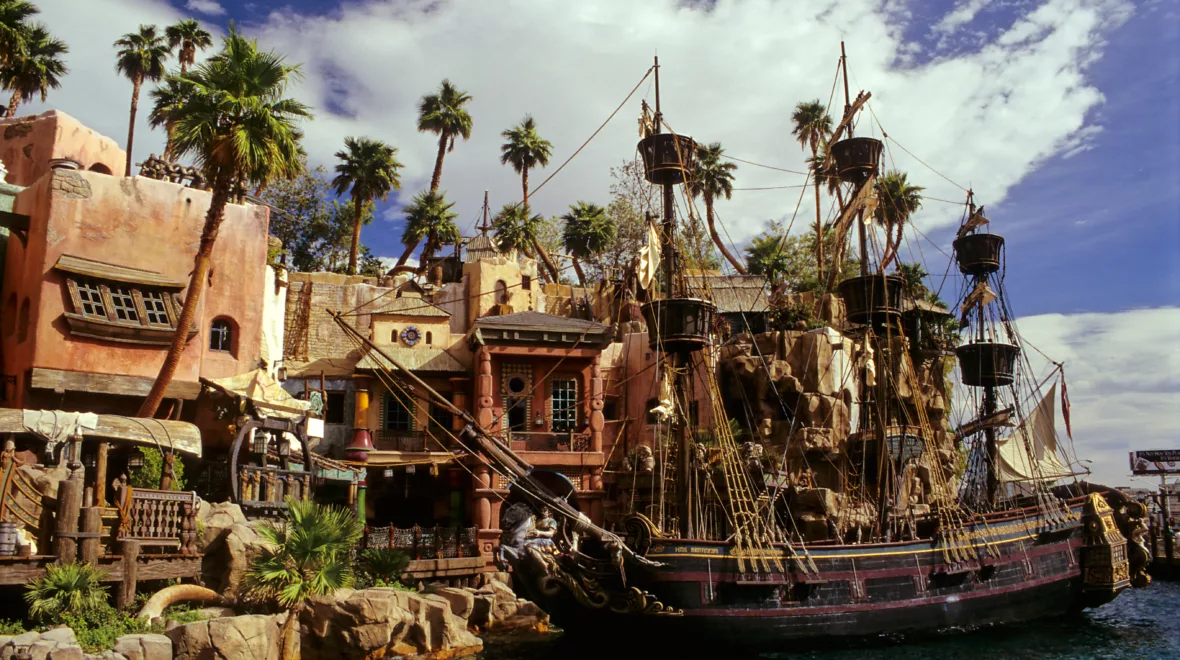 A2NMF3 Pirate village and pirate ship in front of Treasure Island Hotel at Las Vegas Nevada