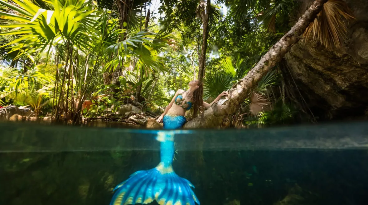 E9BB28 Redhead mermaid sitting on a tree with her tail in water enjoying the sun in Yucatan Peninsula, KuKulKan Cenote, QRoo, Mexico
